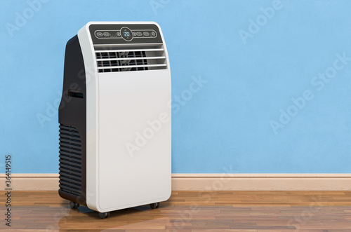 Portable Air Conditioner in room near wall, 3D rendering