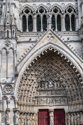 Architectural fragments of the central portal Amiens Gothic Cathedral (Basilique Cathedrale Notre-Dame d'Amiens, 1220 - 1288). Amiens, Somme, Picardie, France.