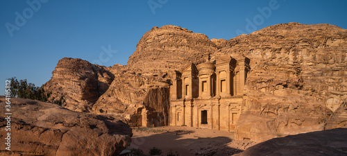 The Monastery or Ad Deir in Petra ruin and ancient city of Nabatean kingdom UNESCO world heritage, Jordan, Arab. Panoramic banner portion