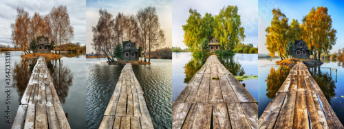 collection of photos of a fabulous hut on a small island. four seasons: winter, spring, summer, autumn
