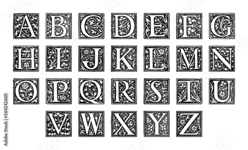 Old alphabet - decorative ornamental capital letters - vintage vector illustration from Petit Larousse Illustré 1914 