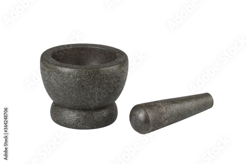 Thailand native stone mortar & pestle isolated on white background with clipping path. Stone mortars are important for Thai food and used in Thai kitchens.