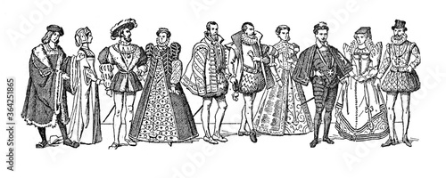 Fashion history Collection from 1510 to 1590 / a big evolution in fashion/ Vintage and Antique illustration from Petit Larousse 1914 