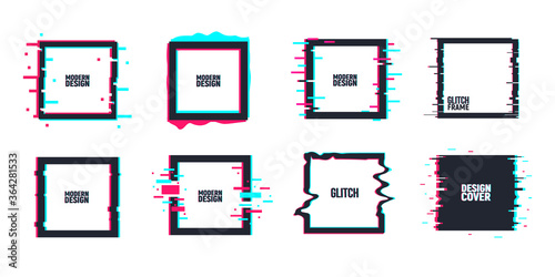 Vector set of geometric square frames in distorted glitch style. Set of square shape borders, covers. Modern background for posters, banners, flyers, covers.