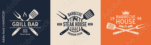 Steak House, Grill bar, Barbecue house vector logo templates. Vintage logo, label, badge, sticker design. Grill logo with barbecue grill ,spatula and grill fork. Vector illustration