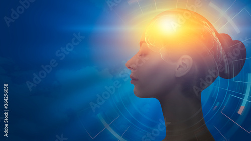 Profile Female Portrait With Illuminated Brain Over Blue Background, Collage