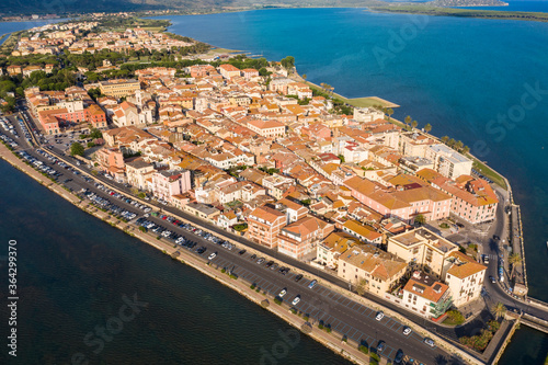 Aerial viewof the seaside town of Orbetello on the tuscan coast in the maremma eastern lagoon