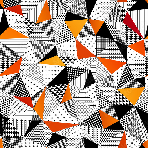 Triangle Seamless Pattern Patchwork Style. Contrasting fashionable polygonal backdrop with black and orange panes. Beautiful geometric design for various craft projects.