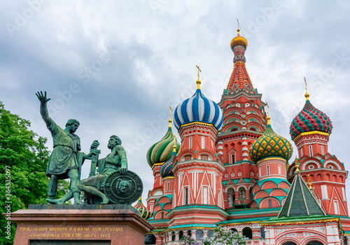 Monument to Minin and Pozharsky and Cathedral of Vasily the Blessed (Saint Basil's Cathedral) on Red Square, Moscow, Russia