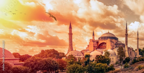 Istanbul Turkey – April 05, 2019: Sunny day architecture and Hagia Sophia Museum, in Eminonu, istanbul, Turkey 