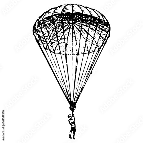 Vintage engraving of a man landing on a parachute
