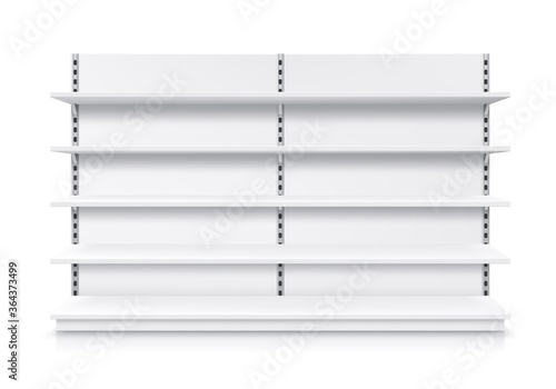 Trade shelf, shop rack, isolated realistic store display and product showcase stand, vector mockup. Supermarket display stand or warehouse shelving racks with detachable shelves, 3D white metal model