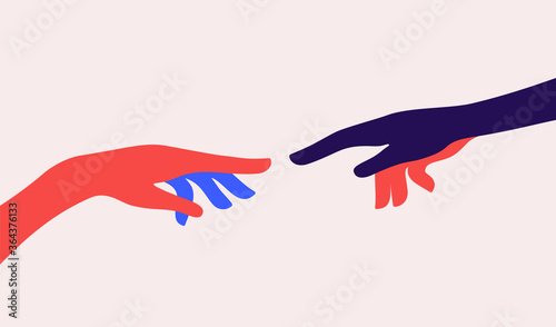 Two hands. The Creation of Adam. Design concept sign Creation of Adam. Silhouette hands of man and god. Modern flat illustration. Colorful contemporary art style. Vector Illustration
