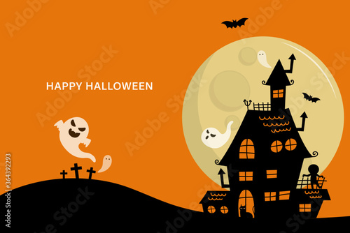 Happy halloween greeting card with haunted house and scary ghosts.