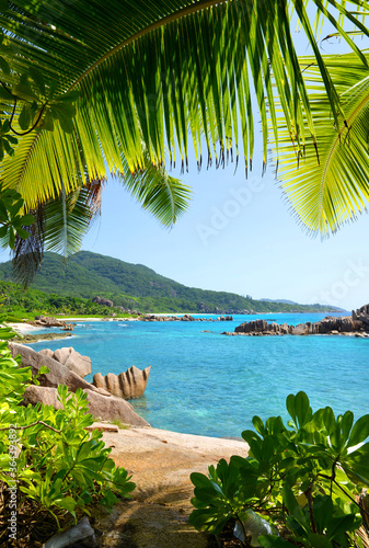 View on coast near Grand l'Anse beach in La Digue island, Indian Ocean, Seychelles. Tropical landscape with blue sunny sky.