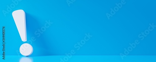 White exclamation mark or point symbol leaning against blue wall in blue floor room with copy space, solution, alert or info concept