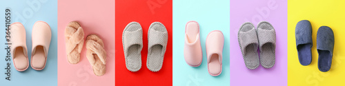 Pair of soft slippers on color background