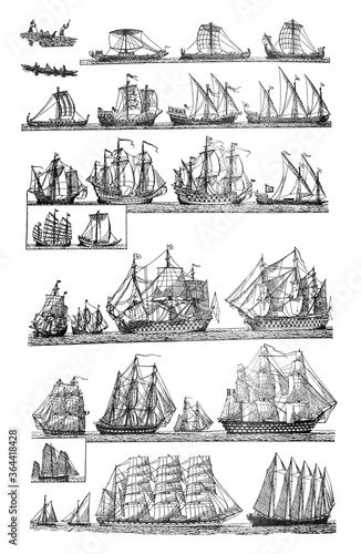 Sailingships different types of Antique sailing ships / Vintage and Antique illustration from Petit Larousse 1914 