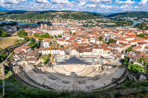 Cityscape of Vienne with the old city and aerial view of the ancient Gallo-Roman theatre in Isere France