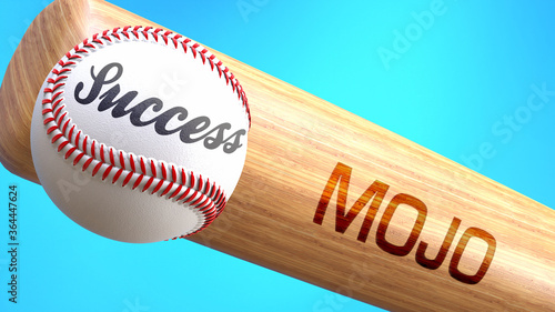 Success in life depends on mojo - pictured as word mojo on a bat, to show that mojo is crucial for successful business or life., 3d illustration