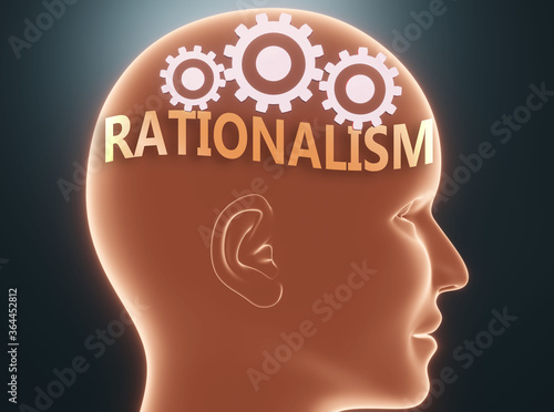 Rationalism inside human mind - pictured as word Rationalism inside a head with cogwheels to symbolize that Rationalism is what people may think about, 3d illustration