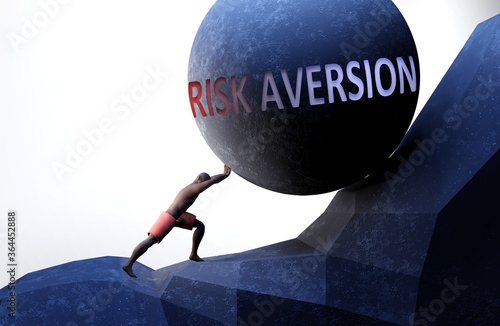 Risk aversion as a problem that makes life harder - symbolized by a person pushing weight with word Risk aversion to show that Risk aversion can be a burden that is hard to carry, 3d illustration