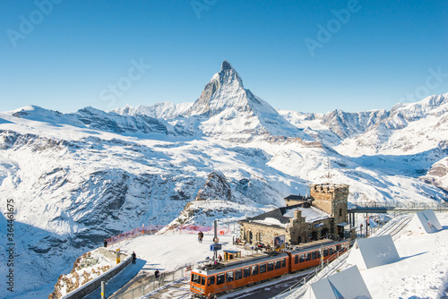 Switzerland Alps Matterhorn Snow Mountains at Gornergrat bahn train station, Zermatt, Switzerland