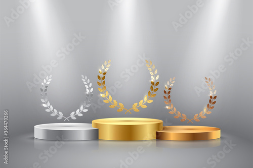 Winner background with golden, silver and bronze laurel wreaths with ribbons on round pedestal isolated on gray background. Vector winner podium sports symbols.