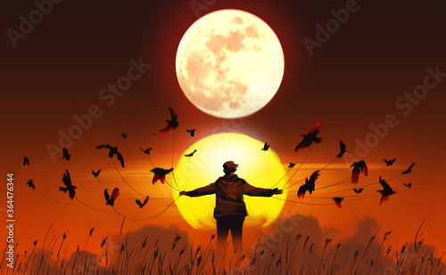Digital illustration painting design style a man with birds in supernatural rituals, against the sun and the moon.
