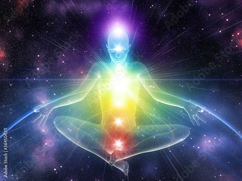 3d human in yoga pose with chakras
