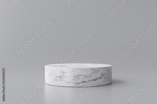 White marble product display on gray background with modern backdrops studio. Empty pedestal or podium platform. 3D Rendering.