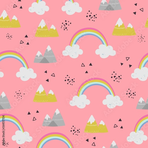 Seamless vector pattern with cute cartoon rainbow, clouds, mountains. Illustration for fashion fabrics, textile graphics, prints.