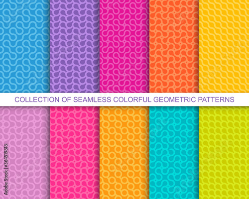 Collection of bright vector colorful seamless geometric wavy patterns - creative design. Vibrant curly backgrounds, endless curve textures