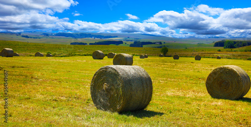hay bale in a farm field with cloudy sky