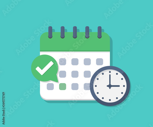 Calendar deadline with check and clock in a flat design