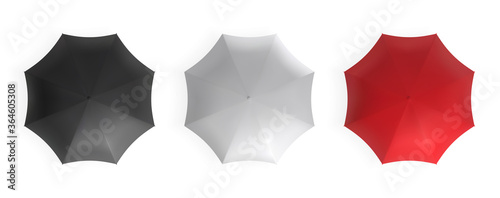 Black, white and red top view umbrellas set. Realistic vector mockup.