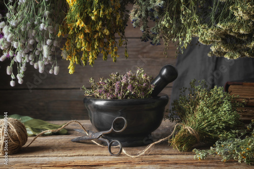 Hanging bunches of medicinal herbs, black stone mortar with dried plants. Alternative medicine.