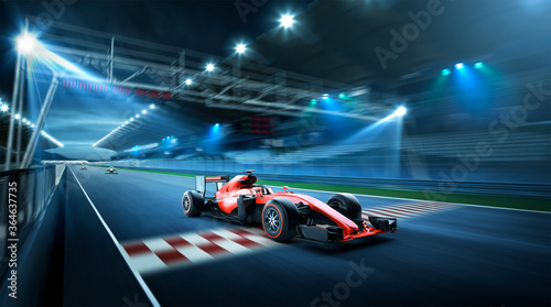 Race driver pass the finishing point and motion blur race track background. 3D rendering and mixed media composition.
