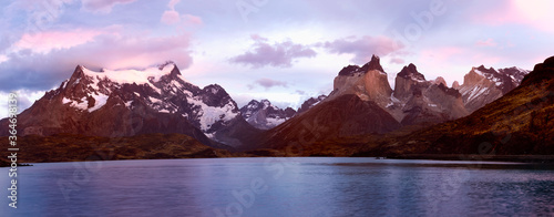 Sunrise over Cuernos del Paine and Lago Pehoe, Torres del Paine National Park, Chilean Patagonia, Chile
