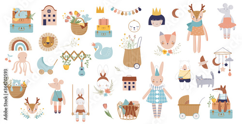 Trendy baby and children icons, stickers, tattoos. Vintage style. Vector illustrations