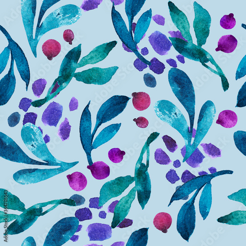 Watercolor seamless pattern. Leaves, twigs, berries on a blue background. Abstraction