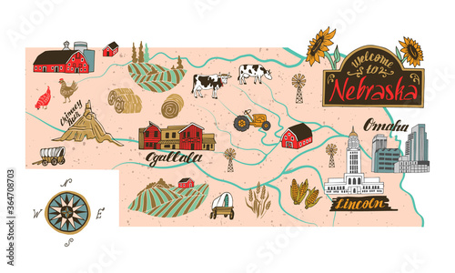 Illustrated map of Nebraska state, USA. Travel and attractions. Souvenir print