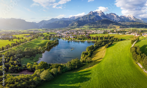 Aerial view over Saalfelden with Steinernes Meer in Summer, Salzburg, Austria