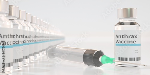 Glass vials with anthrax vaccine and syringe. 3D rendering