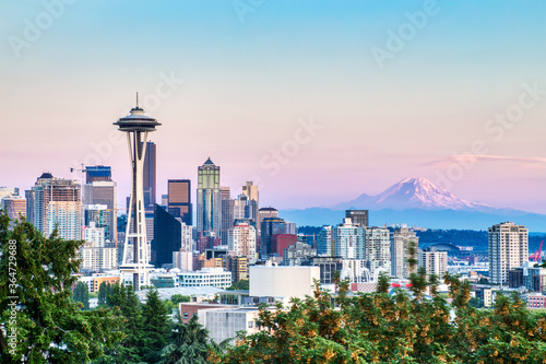 Seattle Cityscape with Mt. Rainier in the Background at Sunset, Washington