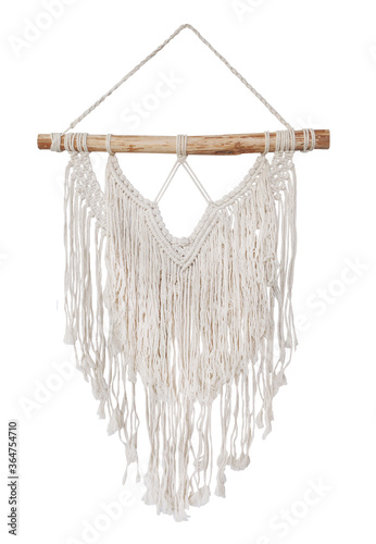 macrame wall decor isolated on white background. Details of modern boho bohemian scandinavian and minimal style eco design interior