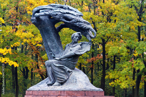 WARSAW, POLAND - OCTOBER 20, 2016: Fryderyk Chopin monument in autumn scenery of the Royal Lazienki Park in Warsaw, Poland, designed around 1904 by Waclaw Szymanowski (1859-1930).