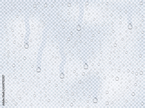 Realistic water droplets on the glass, rain drops on a window or steam transudation in shower, water droplets condensed on cold surface an isolated template