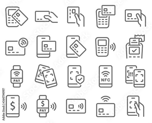 Contactless cashless society icon set vector illustration. Contains such icon as Scan QR code, NFC, Credit Card, Barcode, POS, Security Protection, and more. Expanded Stroke