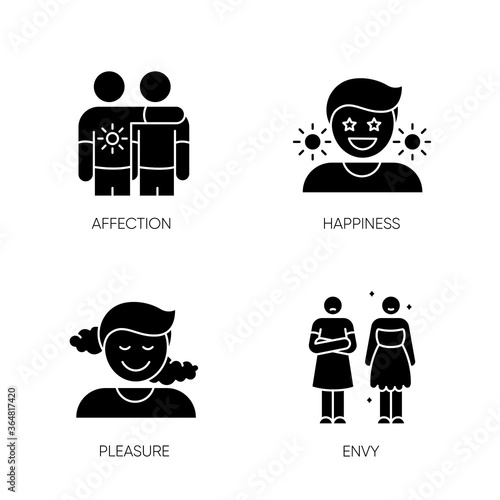 Positive and negative emotions black glyph icons set on white space. Human feelings, emotional behaviour, mood silhouette symbols. Affection, happiness, pleasure and envy. Vector isolated illustration